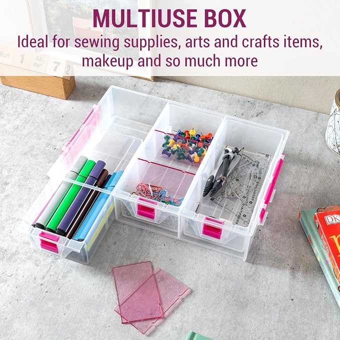 MyGift Stackable Single Tray Add-On for 11-Inch Clear Arts & Crafts Container, 9-Compartment Sewing Supplies Organizer with Removable Dividers for Craft Storage, Includes 3 Drawers