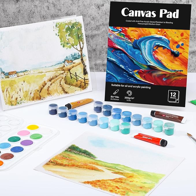 12 Sheets Canvas Paper Pad 8 x 10 in, 350 GSM, Glue Bound | Canvas Texture, Single-Sided Glue Binding, for Acrylic, Oil, Gouache and Marker, Portable for Travel Or Outdoor Sketching