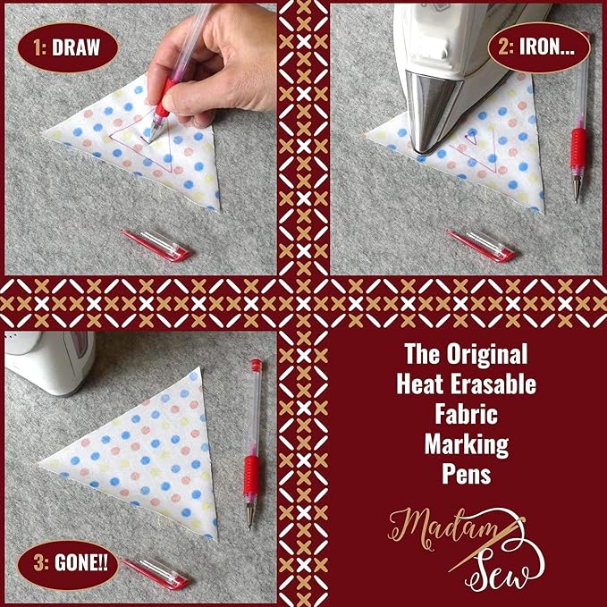 Madam Sew Heat Erasable Fabric Marking Pens for Sewing and Quilting | Fabric Markers for Sewing, Embroidery, Dressmaking with 4 Pens + 4 Refills | 8-Piece Set No Ghost Lines, Disappearing Ink