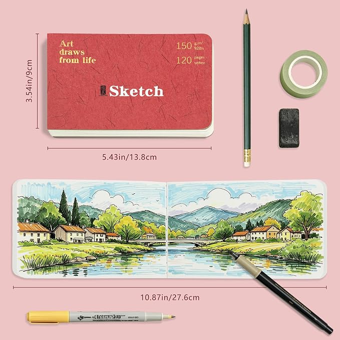Hardcover Pocket Sketchbook, 3.5" x 5.4" Mini Small Travel Drawing Journal, 92lb/150gsm Heavyweight Paper, 120 Pages Blank Sketch Book for Adults Artists Mixed Media, Ideal Gift,Red