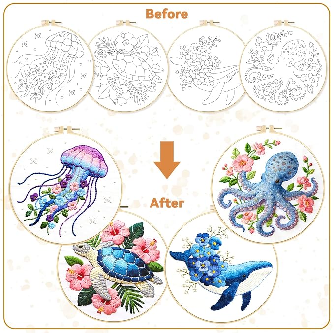 BEUNITONE 4 Pack Beginner Embroidery Kit for Adults, Marine Animals Flowers Pre-Stamped Pattern Needlepoint Kits with Hoops & Instruction, Handmade Embroidery Kits for Fabric and Home Decor 7.9x7.9