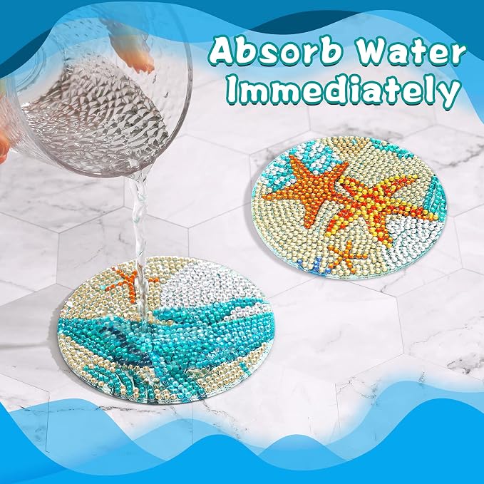 UPINS Ocean Diamond Art Painting Coaster Kit, 8Pcs DIY Crafts Kit with Holder, Non Slip Coaster Art Supplies for Adults, Ideal Christmas Gift | Beach DIY Crafts Kit with Holder,Non Slip Coaster Art Supplies for Adults,Ideal Christmas Gift