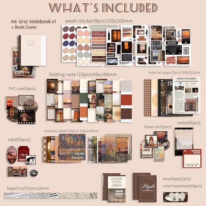 Travel Scrapbooking Supplies Kit, A6 Notebook, Vintage Junk Journaling Kit