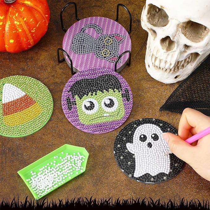 UPINS 8Pcs Halloween Diamond Art Painting Coasters Kits with Holder | Diamond Art Non Slip Coaster Kits ,DIY with Holder crafts, for Adults Diamond Art Painting Kits Supplies