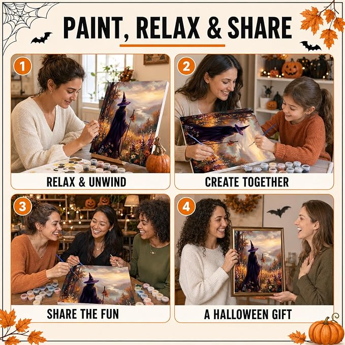 Mandun Halloween Witch Paint by Numbers Kit for Adults, 16x20 inch | DIY Painting Kits Crafts for Adults, Relieve Stress, Frame Canvas, Wooden Easel, Gift Box, Home Wall Decor