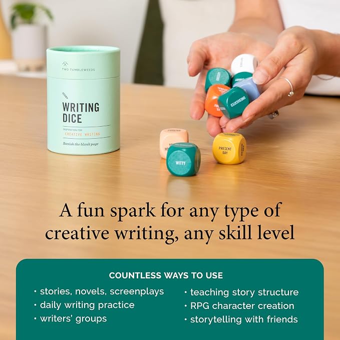 Two Tumbleweeds Writing Dice - Story Prompts to Beat Writer's Block | A highly giftable creative writing tool for Teens & Adults – Gift for Authors, Teachers & Storytellers – Set of 9 Dice