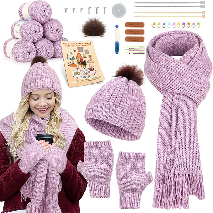 Katech Knitting Kit for Beginners Adults-Beginners Knitting Kit for Kids | Learn to Knit Kits for Adult Beginner Kids w/Step-by-Step Instruction-Complete Hat Scarf Gloves Knitting Starter Kit