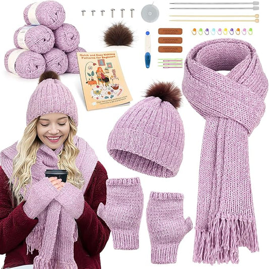 Katech Knitting Kit for Beginners Adults-Beginners Knitting Kit for Kids | Learn to Knit Kits for Adult Beginner Kids w/Step-by-Step Instruction-Complete Hat Scarf Gloves Knitting Starter Kit