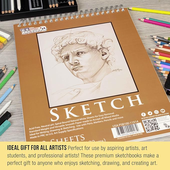 U.S. Art Supply 11"x14" Top Spiral Bound Sketch Book,100 Sheets Each 2-Pack | 60lb (100gsm), Acid-Free, Artist Sketchbook, Drawing Pad for Adults & Students