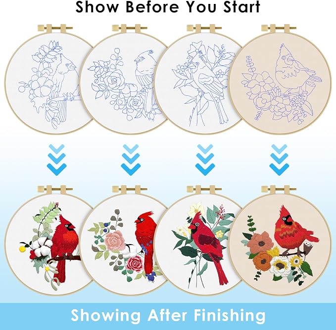 ERKOON 4 Sets Embroidery Kit, Animal Cross Stitch Set for Include Embroidery Cloth Hoops Threads for Craft Lover Hand Stitch (Cardinal)
