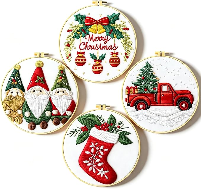 Zhenqing Christmas Embroidery Kit for Beginners - 4 Piece 29x29cm Round Hoop Art with Pre-Printed Cotton Fabric, Embroidery Hoop, Threads & Tools (Merry Christmas, Stocking, Truck, Gnomes)
