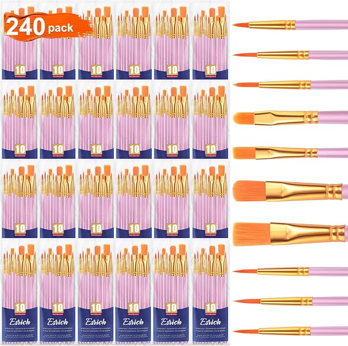 ESRICH 240PCS Pink Paint Brushes, Paint Brush for Acrylic Painting | Artist Paintbrushes for Oil Watercolor, Body Face Rock Canvas, Small Paint Brushes for Kids