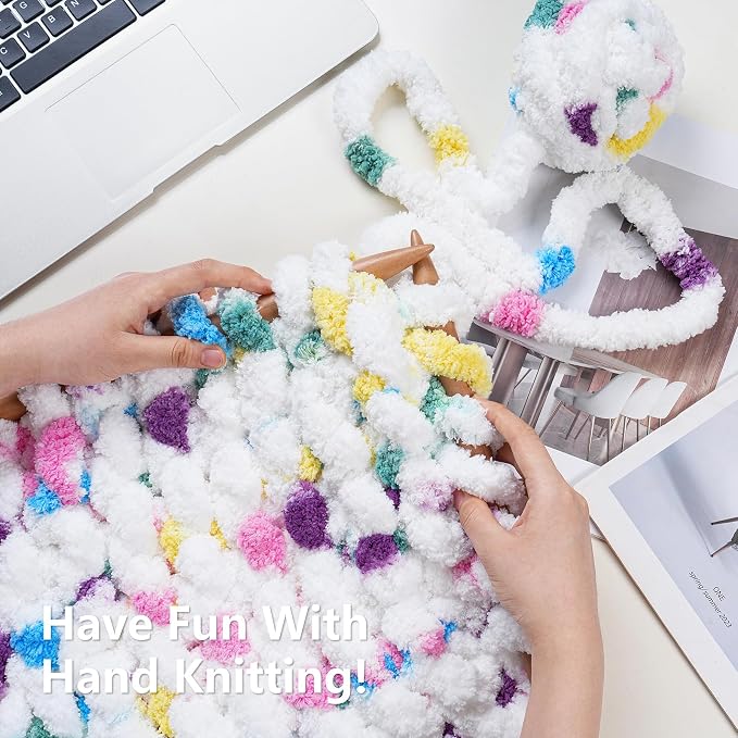 Cozyful Chunky Yarn for Hand Knitting - #10 Chunky Chenille Blanket Yarn, Jumbo Big Thick Chunky Yarns for Crocheting, Tie Dye Bulky Knit Yarns, 8 Skein (20 yds 8 oz Each Skein), Rainbow & White