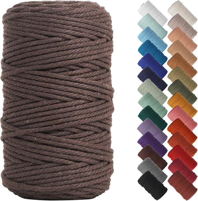 NOANTA Dark Coffee Macrame Cord 4mm x 109yards, Cotton Rope Macrame Yarn | Macrame Rope Supplies, 3 Strand Twisted Cotton Yarn String, Cotton Cord for Wall Hanging, Plant Hangers, Crafts, Knitting