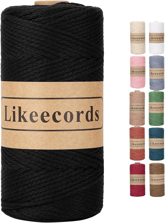 Likeecords 100% Cotton Crochet Bag Cord 2mm 170m Macrame Cord 2mm Crochet Thread Macrame Rope Gift for Knitter (Black)