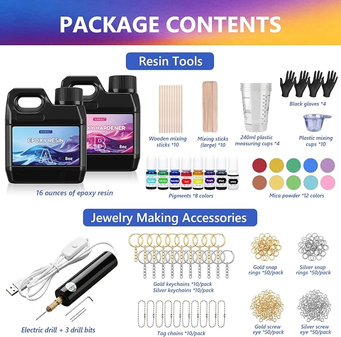 KISREL Epoxy Resin Kit 16OZ with 3D Molds, Electric Drill, Color Dyes Tools | Pigments & Craft Tools, Electric Hand Drill for Jewelry, Resin, Plastic, Great for jewelry, resin art & DIY gifts