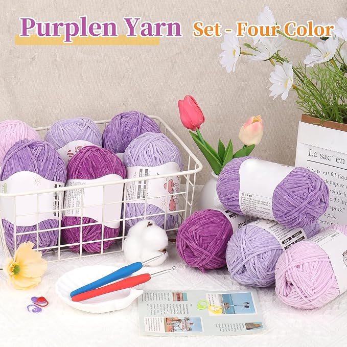 Coopay Skinny Chenille Yarn for Crocheting & Knitting, Purple Gradient | Crochet Yarn Set - 600g Total, Velvet Yarn for Colorful Crafts, Blankets, Plush Dolls, Decorative Handmade Works