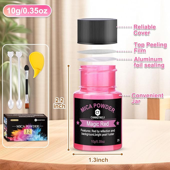 Mica Powder 12 Colors Pearlescent Pigment - for Resin Epoxy, Soap Making, Nail Polish, Lip Gloss, Eye Shadow, Bath Bomb, Slime & Candle - 10g Each Bottle(Magical Color Hues)