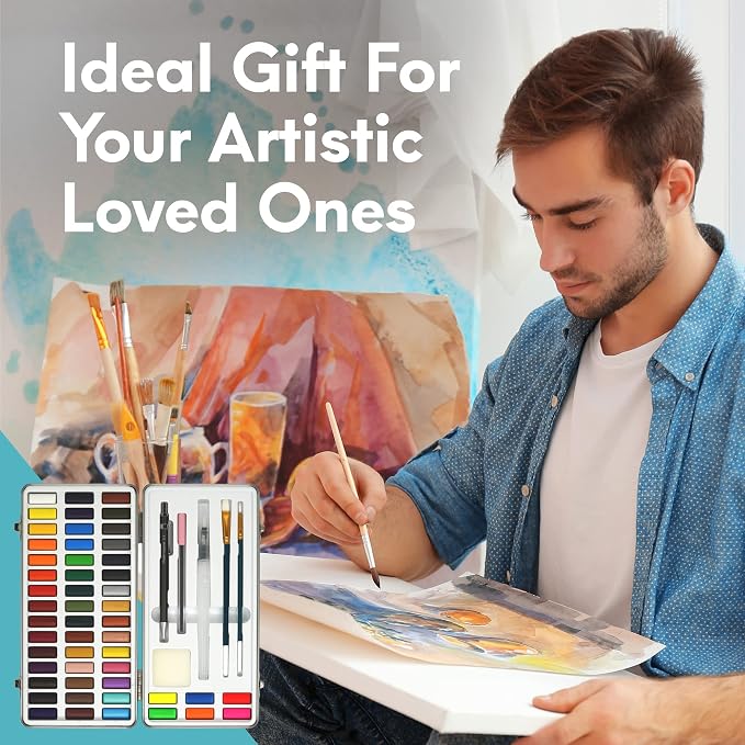 MozArt Supplies - Watercolor paint set 51 Vibrant Colors + accessories - For beginners & professionals | Complete Non-Toxic Watercolor Art Kit – 36 Classic, 9 Metallic, 9 Neon – Portable Metal Box & 7 Accessories for Artists