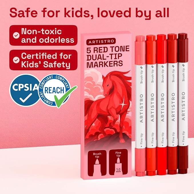 ARTISTRO 5 Red Tones Dual-Tip Acrylic Paint Marker Pens for Drawing | For Fabric, Rock, Glass, Wood, & Molds, Arts & Crafts Gift for Adults, Teens, & Kids, Classroom Must Haves & School Supplies