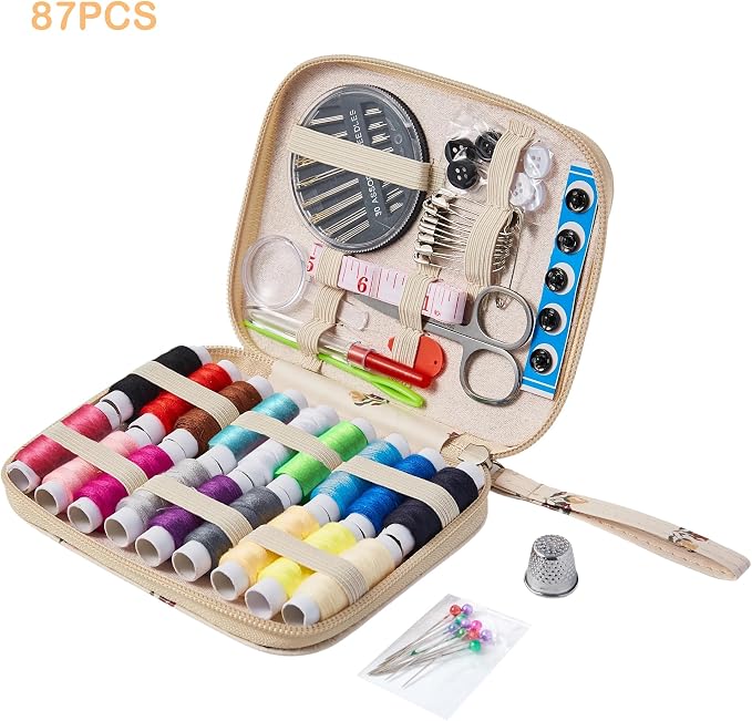 Floral Sewing Kit Printing Sewing Project Kits,Professional Sewing Supplies for Adults, Zipper Sewing Needles Set, 87 PCS Travel Sewing Accessory for Emergency, Home