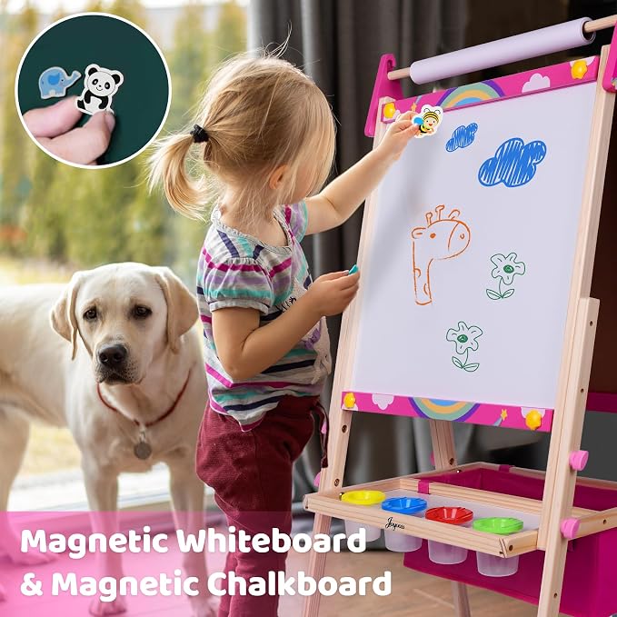 Joyooss Art Easel for Kids Easel for Toddlers,Adjustable Painting Station Wooden Easel Toddler Easels Kids Board Whiteboard & Chalk Board,Art Easel for Kid Age 4-8 9-12 Kid Easel
