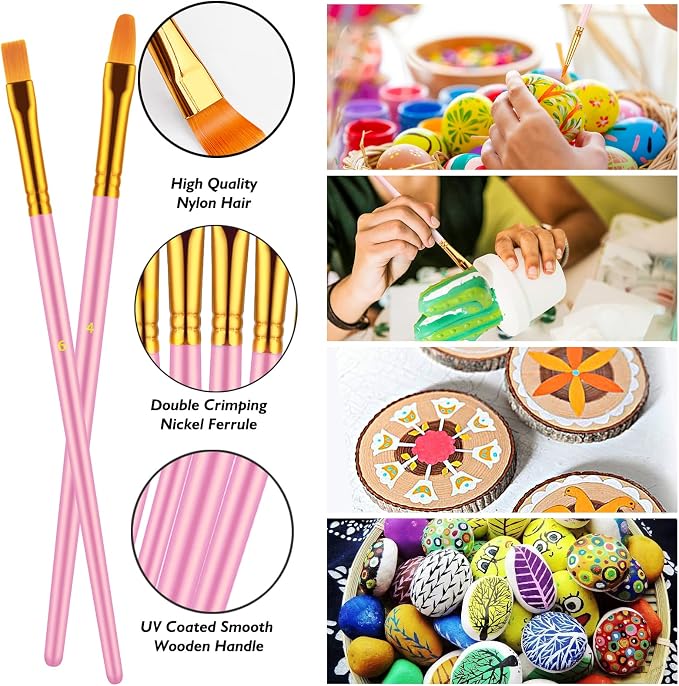 Artstorys 10Pcs Paint Brush Set, Small Round Detail Tips, Pink | Made with nylon hair & wooden handles. Ideal for acrylic, oil & watercolor, canvas, rock & face painting, adult art supplies