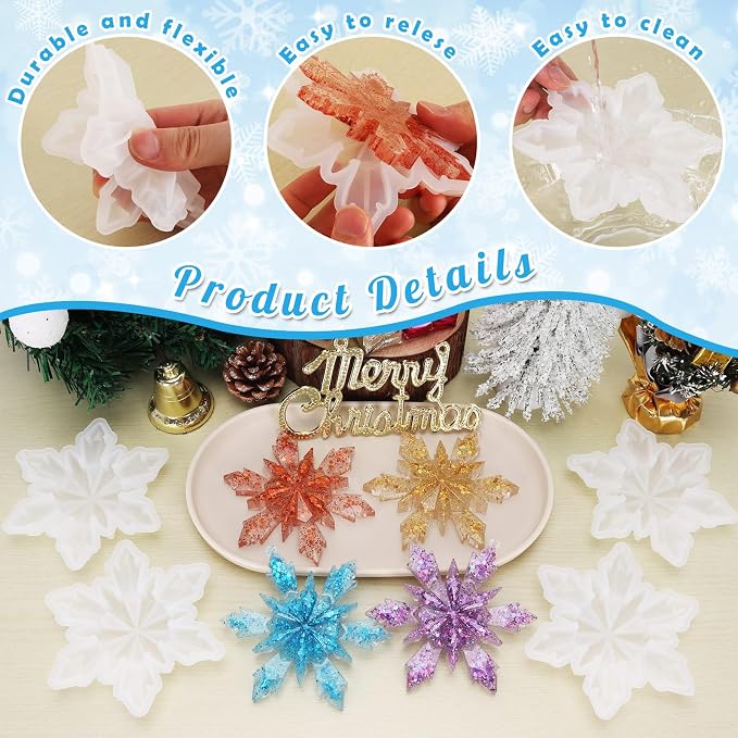 4 Pcs Snowflake Resin Molds, 3D Christmas Snowflake Molds, Christmas Epoxy Resin Mold for DIY Winter Xmas Pendant Decoration