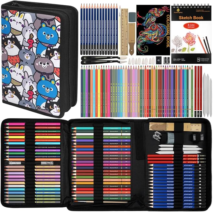99 PCS Drawing Set, with 50 Page Drawing Pad, Coloring Book,Sketching, Graphite, Charcoal, Coloring Pencils, Blending Tools, Art Supplies Pencil Kit for Artists Adults Beginner Family Friends