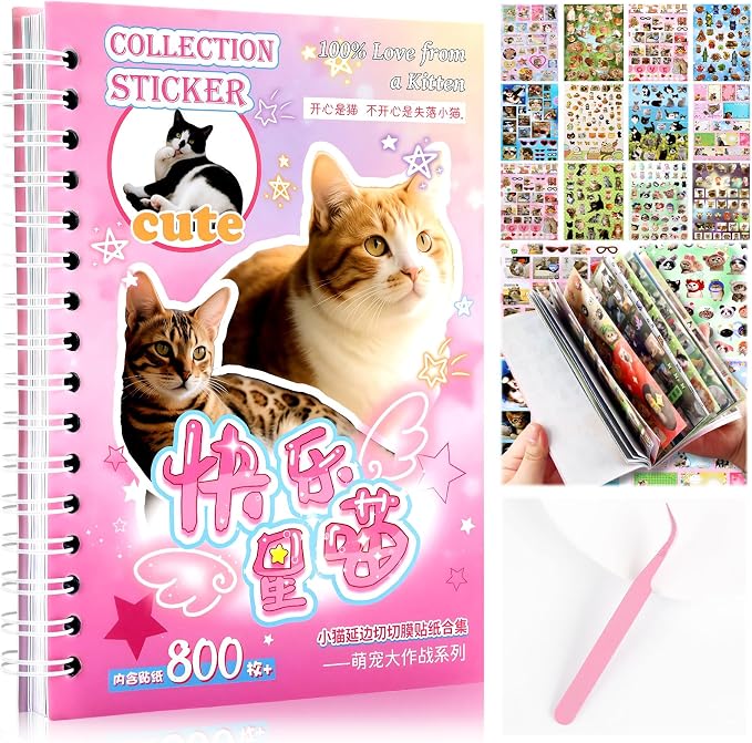 Tmtains 30 Sheets Cat Sticker Book with Meme Stickers 800+ Die Cut Stickers for Scrapbook Journal Planner Phone case Cute Sticker Book Gifts with Premium Art Paper and Cute Design (Cat)