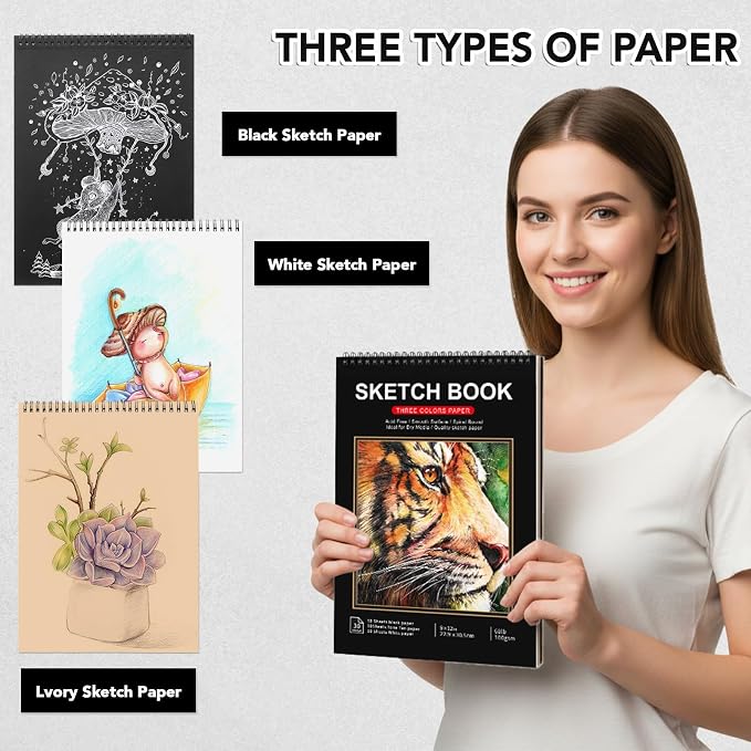 9 x 12In Sketch Book Set for Kids, 100 GSM Spiral Sketch Drawing Pad