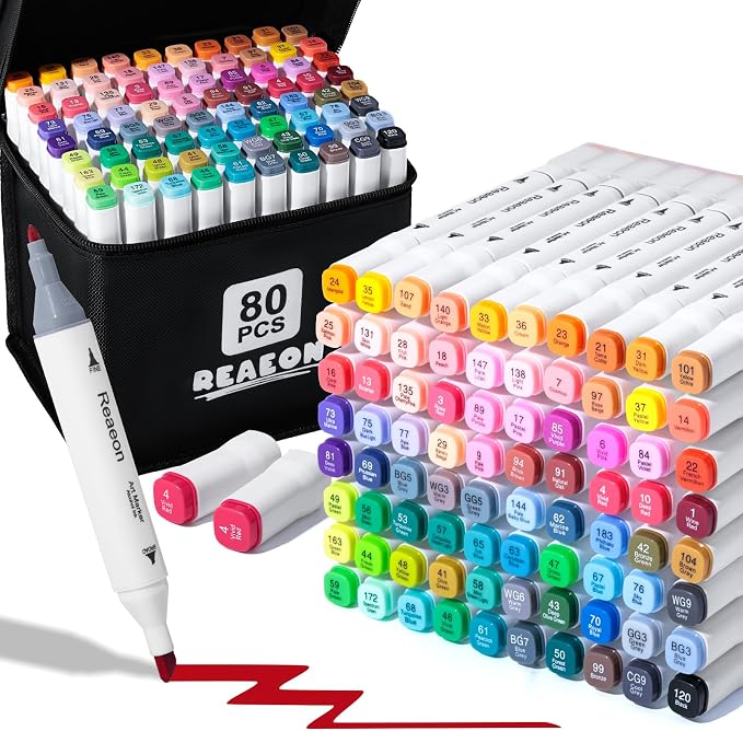 Reaeon Alcohol Art Markers, 80 Colors Fine & Chisel Dual Tip Marker Set, Permanent Art Markers for Adults Sketching Painting Drawing and Coloring(White Barrel)