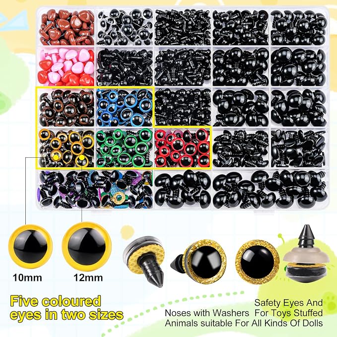 Fulasiteu 1100PCS Safety Eyes and Noses, Amigurumi Safety Eyes for Crocheting, Colorful Doll Crochet Eyes with Washers for Plush Animal, Crochet Toy, Stuffed Doll and Teddy Bear (Various Sizes)