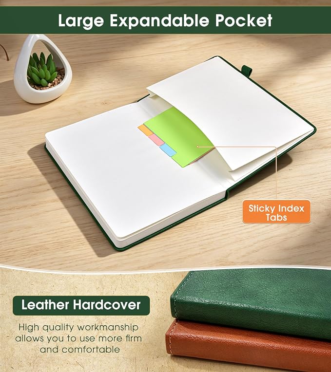Lined Journal Notebook, A5 Hardcover Leather Journals for Writing, 160 Numbered Pages, 5.7'' x 8.3'' Journaling Notebooks for Men Women, Thick Paper College Ruled Journal for Work Office School, Green