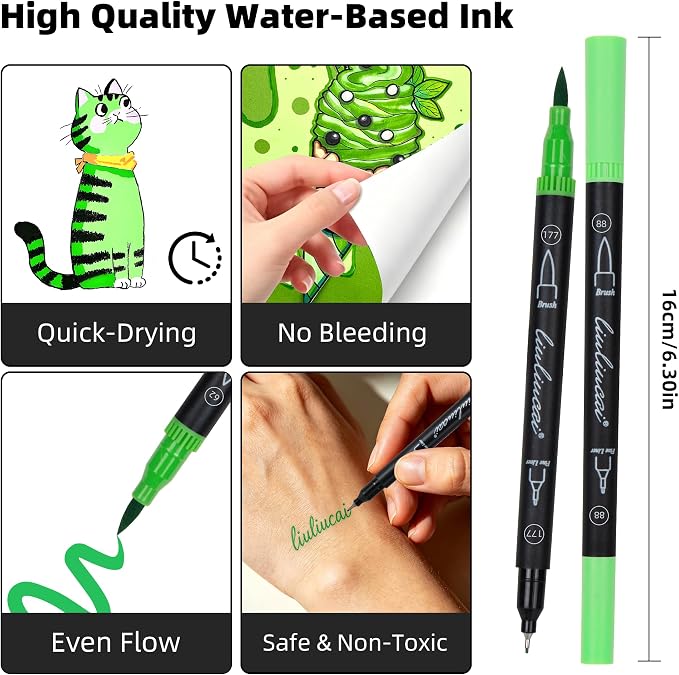 LIULIUCAI 10 Green Dual Markers, Fine & Brush Tip Pen for Adult Coloring