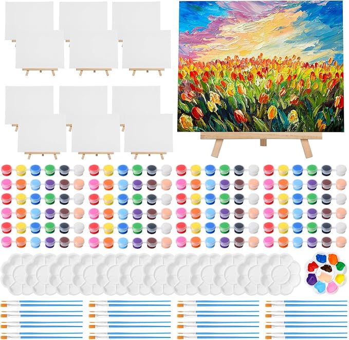 Qilery 12 Set Canvas Painting Kit, Mini Canvas with Wooden Easels Acrylic Paints Strips, Brushes, Palette, Art Set for Acrylic Oil Watercolor Adults Birthday Party Favors(8 x 10 Inch)