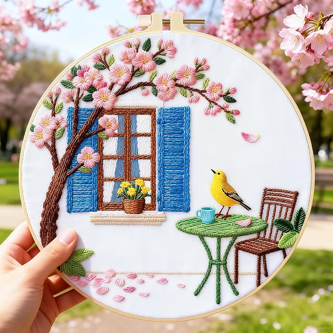 BEUNITONE 6 Set Flowers Embroidery Kit for Beginners Vintage Garden Scene Pre-Stamped Pattern, Needlepoint Kits for Adults Beginners, DIY Handmade Embroidery for Home Decor and Gifts 20x20cm