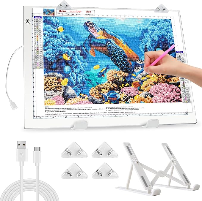 Zocelight A3 Light Pad for Diamond Painting Kit,4800Lux Super Bright 5mm Ultra Thin Diamond Art Light Board with Stand and Clip,3 Levels Dimming Light Box for Drawing,Sketching,Animation(White)