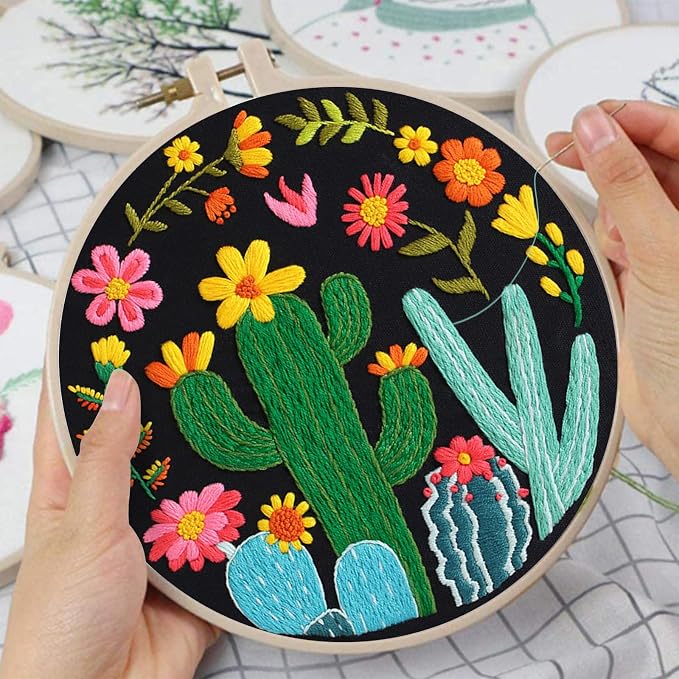 Nuberlic 3 Pack Embroidery Kit for Beginners with Cactus Pattern