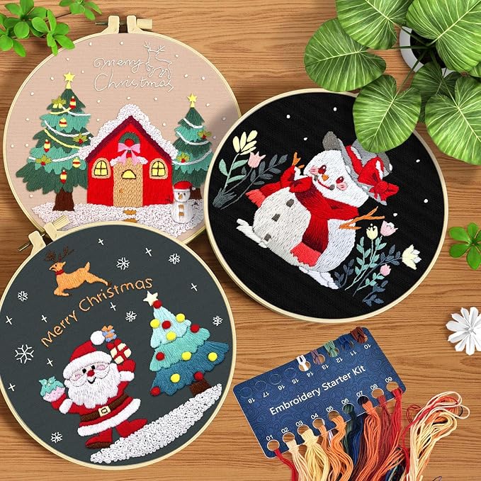 ERKOON 3 Sets Embroidery Kit for Beginners, Christmas Cross Stitch Set with Easy Pattern Embroidery Cloth Hoops Threads for Craft Lover Hand Stitch