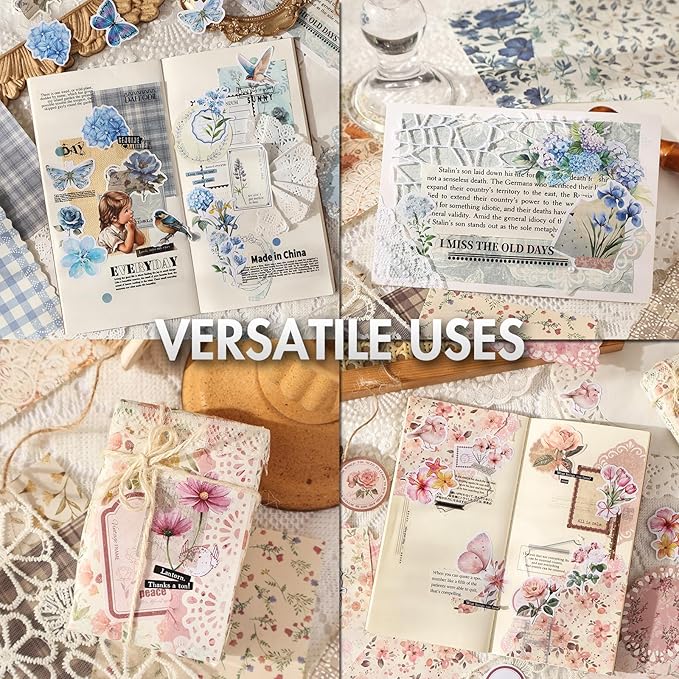 Scrapbook Supplies Kit – 100Pcs Vintage Floral Scrapbook Paper & Junk Journal Stickers, Journaling Supplies for Bullet Journaling, Retro Crafts, Mixed Media, Planner, Collage Card Album (Pink)
