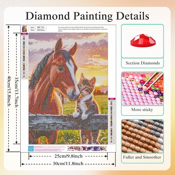 5D Horse and Tabby Kitten Diamond Art kits for Adults Beginners 12x16inch | Sunset Farm Diamond Painting Kit DIY Full Round Drill Paint by Diamonds Dot Gem Art for Adult, Home Wall Decor