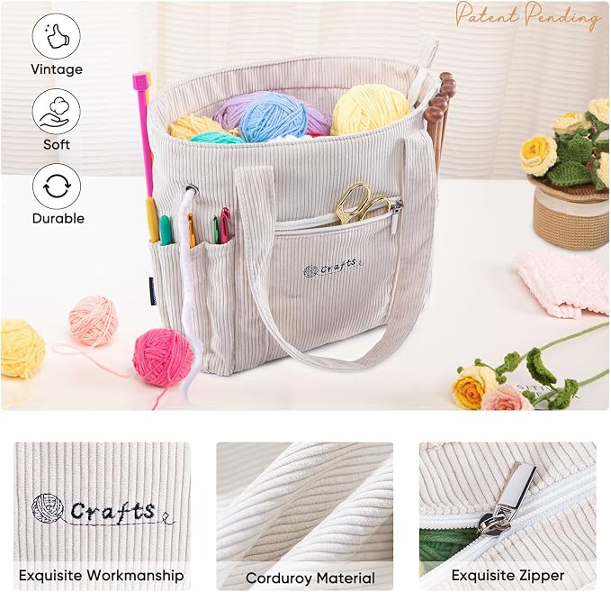 MYBAGZING Crochet Bag and Tote - Corduroy Yarn Bag - Yarn Holder and Storage for Crochet Hooks, Knitting Accessories - Mother's Day Gift
