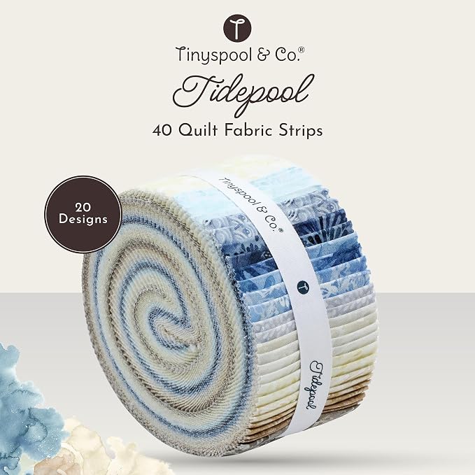 Tinyspool & Co.'s Twirlie Roll 40 Precut Quilting Fabric Strips for Quilting Supplies, Crafting, and Sewing, Soft Cotton Strip for Blanket, Rug, Upholstery, Home Decor, and Purse Making, Tidepool