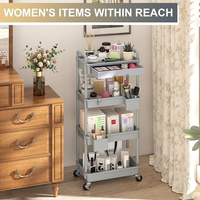 Goovilla 4 Tier Rolling Utility Cart Organizer with Removable Drawer, Grey | Stable and Sturdy Rolling Storage Carts with 2 Lockable Wheels for Bathroom, Kitchen, Snack, Craft, Makeup, Baby Essentials