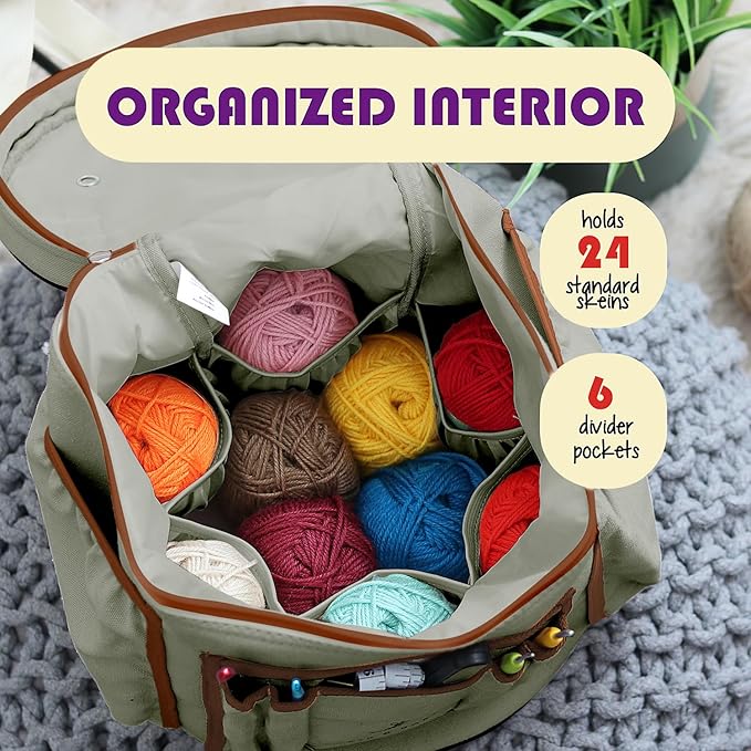 Hearth & Harbor Crochet Bag Organizer – Durable Knitting Bag, Yarn Organizer for Accessories and Supplies, Canvas Yarn Holder, Crochet Carrying Case with Accessories Pouch, Storage Organizer – Green
