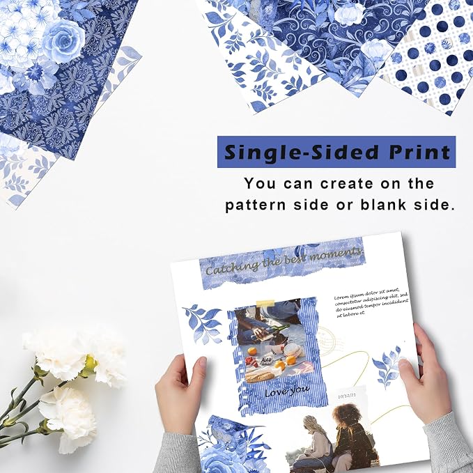 28 Sheets Scrapbook Paper, Floral Scrapbooking Specialty Papers 160gsm Cardmaking Craft Paper Pack Decorative Paper for Card Making (12"X12" Inch, Blue Flowers)