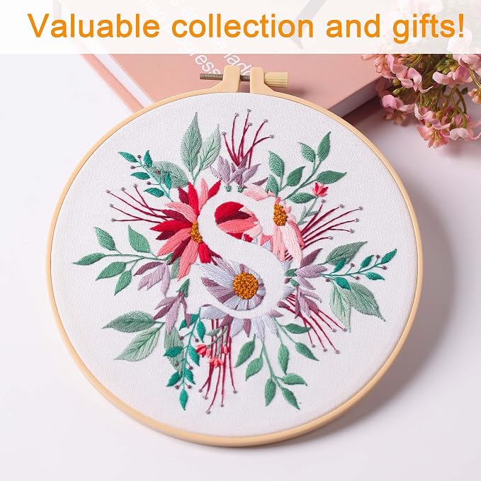 Harimau Letter Pattern S Embroidery Kit for Adult Beginners, Complete Starter Pack with 1 Hoop, Needles, Instruction Guide & Embroidery Stitch Video Tutorials