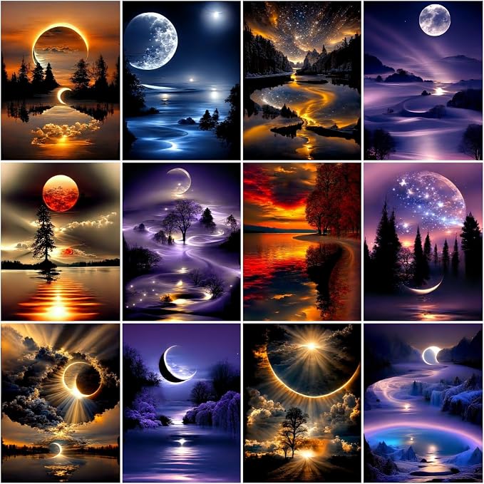 5DDIYART 12 Pack Landscape Diamond Painting Kits for Adults | Moon 5D Diamond Art for Adult Beginners,Bulk DIY Full Drill Round Gem Paintings Dot Art Sets,Home Wall Decor 9.8x13.8 Inch