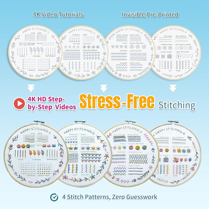 ETSPIL Beginner Embroidery Kit, 4K Video, 4 Floral Patterns, Gift Box | 4 Pre-Printed Wreath Designs. Embroidery Stitch Book Kit, Step-by-Step. 20% Extra Floss. Easy to Start, Relaxing Craft
